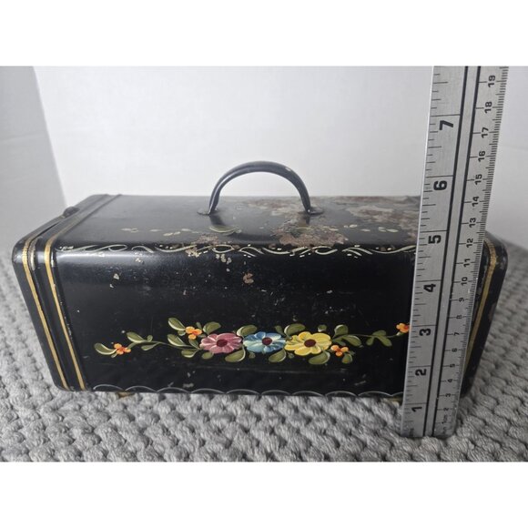 Vintage Toleware Black Metal Box Hand Painted Floral Sewing Vanity Tin Rustic - Picture 8 of 10